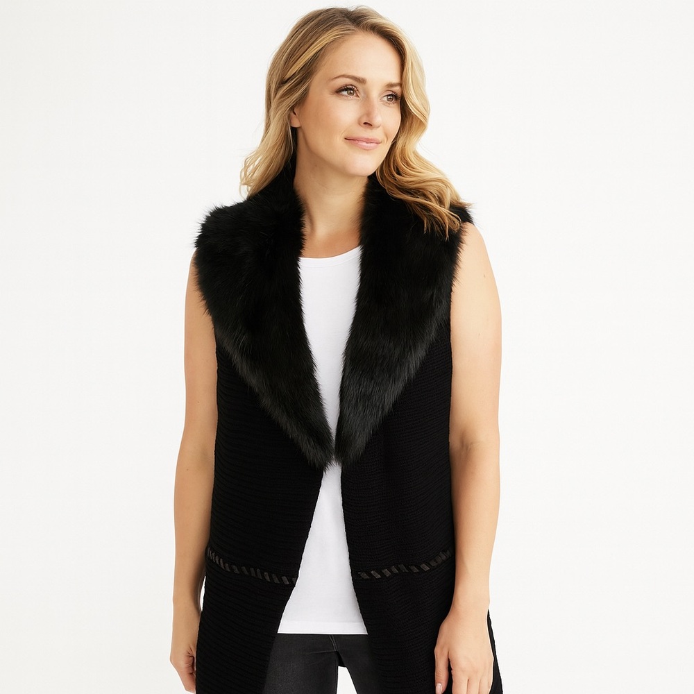 White House Black Market Faux Fur Faux Leather Trim Knit Long Open Wrap Vest